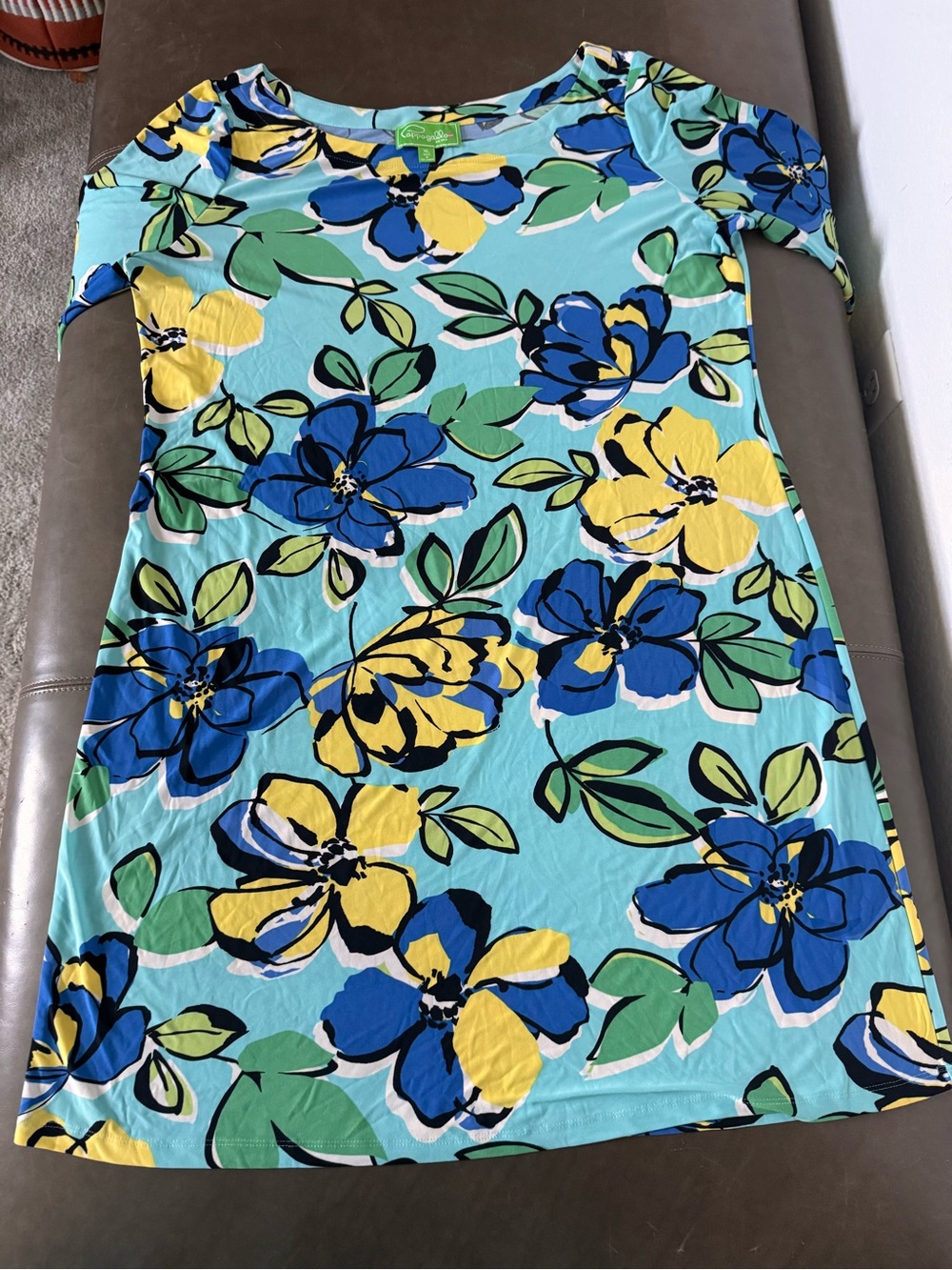Pappagallo XL Bright Floral Scoop Neck Dress in Aqua, Blue & Yellow